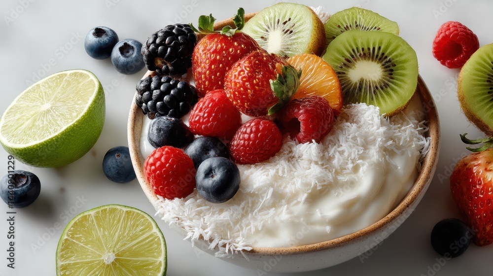 a close-up of a bowl of creamy coconut yogurt with fresh fruit toppings on a white isolated background, light and refreshing design a close-up of a bowl of creamy coconut yogurt with fresh fruit toppings on a white isolated background, light and refreshing design