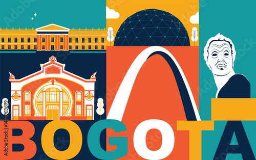 Typography word Bogota branding technology concept. Collection of flat vector web icons. Columbia culture travel set, architectures, specialties detailed silhouette. Doodle famous landmarks.