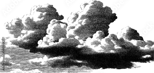 Vintage 1950s style black and white cloudy sky for retro design projects