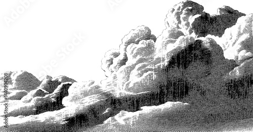 Vintage 1950s style black and white cloudy sky illustration for nostalgic design