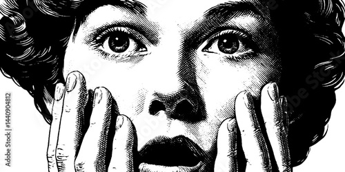 Vintage 1950s shocked expression in black and white woodcut style illustration