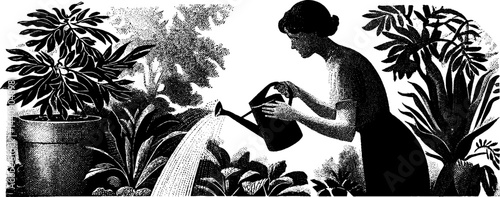 Retro gardening scene in 1950s woodcut style black and white design
