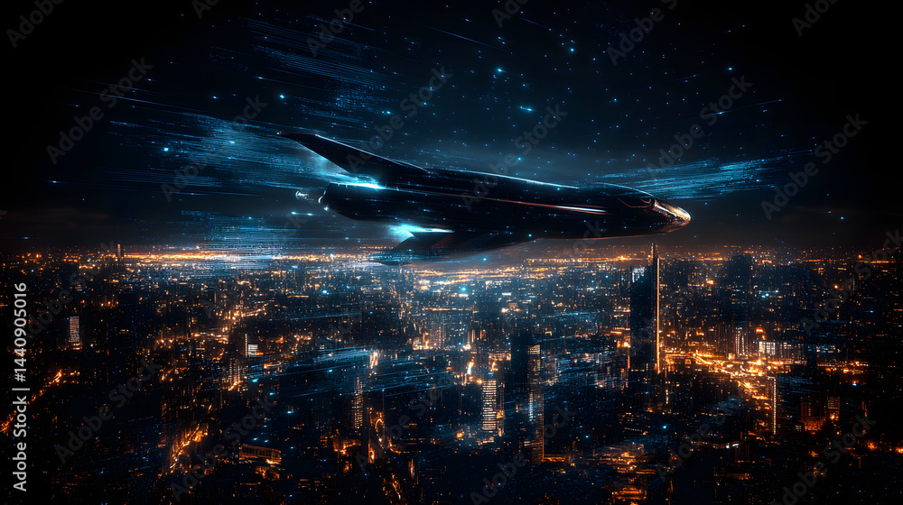 Fototapeta premium A futuristic spaceship flying over a glowing metropolis with digital structures at night.