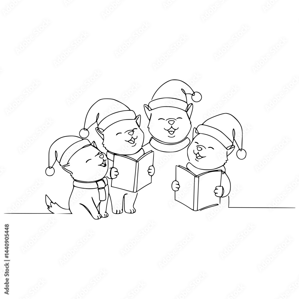 Vector line drawing of wolf pups in Santa hats singing carols, festive and joyful illustration Vector line drawing of wolf pups in Santa hats singing carols, festive and joyful illustration