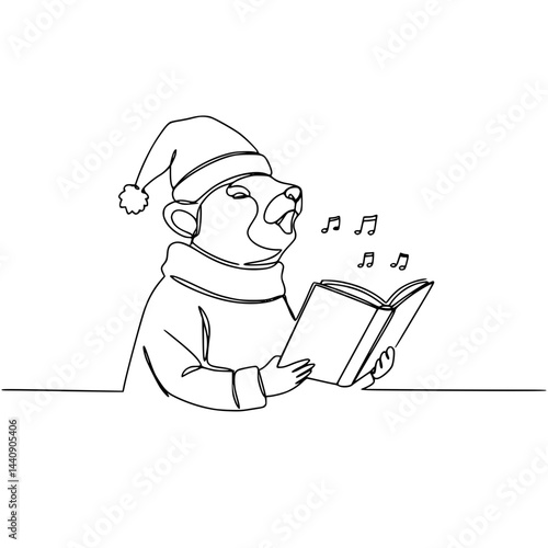 Polar bear in Santa hat singing carols while reading a book  