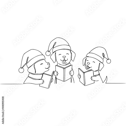 Three puppies in Santa hats singing carols line drawing on transparent background  
