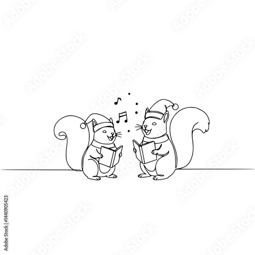Two squirrels in Santa hats singing carols in line drawing style  