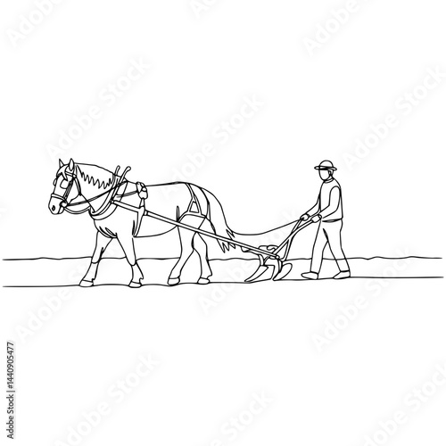 Vector line drawing of a farmer plowing with a horse, agricultural theme, countryside illustration