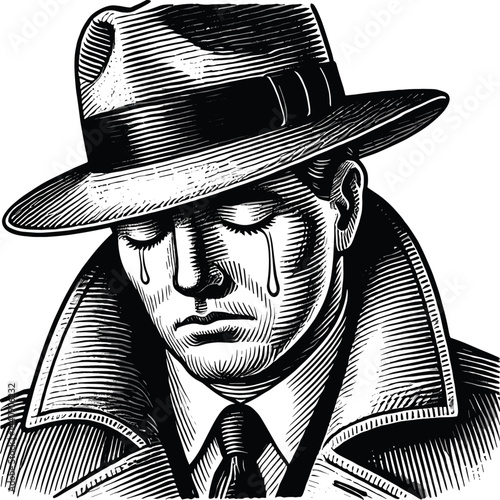 Engraved Illustration of a Sad Man in Trench Coat and Hat with Tears, drawn in an engraved, woodcut style with fine details sketch engraving vector illustration. Scratch board imitation. 