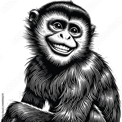 Engraved Illustration of Smiling Monkey with Detailed Fur, drawn in an engraved, woodcut style with fine details sketch engraving vector illustration. Scratch board imitation. Black and white image. 