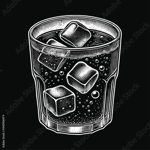 Engraved Illustration of a Glass with Ice Cubes and Carbonated Drink, drawn in an engraved, woodcut style with fine details sketch engraving vector illustration. Scratch board imitation. 