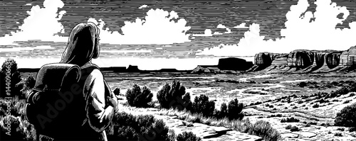 Vintage 1950s woodcut landscape with traveler in scenic desert scene