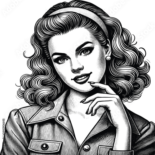 Engraved Illustration of 1950s Pin-Up Woman with Wavy Hair and Headband, drawn in an engraved, woodcut style with fine details sketch engraving vector illustration. Scratch board imitation. 