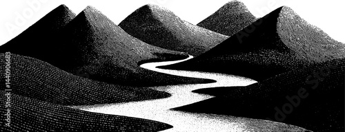 Vintage 1950s woodcut style landscape with winding river and mountains in black and white