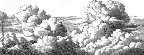 Intricate black and white engraved cloudy sky illustration for art and design
