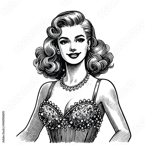 Vintage Pin-Up Girl in Glamorous Sequin Dress with Curly Hairstyle, drawn in an engraved, woodcut style with fine details sketch engraving vector illustration. Scratch board imitation. Black and white