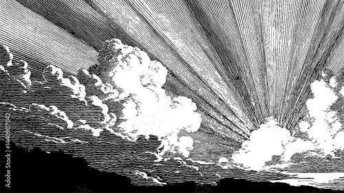 Engraved illustration of sky with clouds and sun rays. Bold black lines and dramatic texture in vintage monochrome art