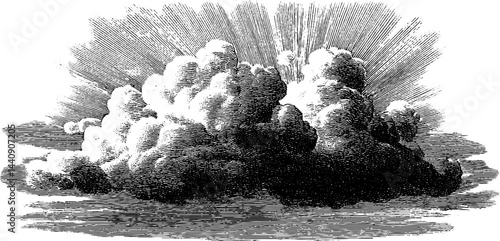 Vintage engraved cloudy sky frame in black and white for artistic design or print