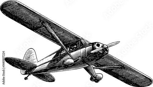 Vintage airplane engraving in flight: classic aviation art design