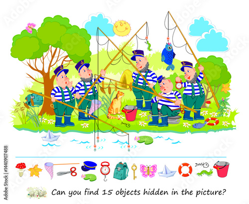 Can you find 15 objects hidden in the picture? Logic puzzle for smartest. Search and find game. Illustration of funny fishermen fishing on a lake. Page for kids brain teaser book. Flat vector drawing