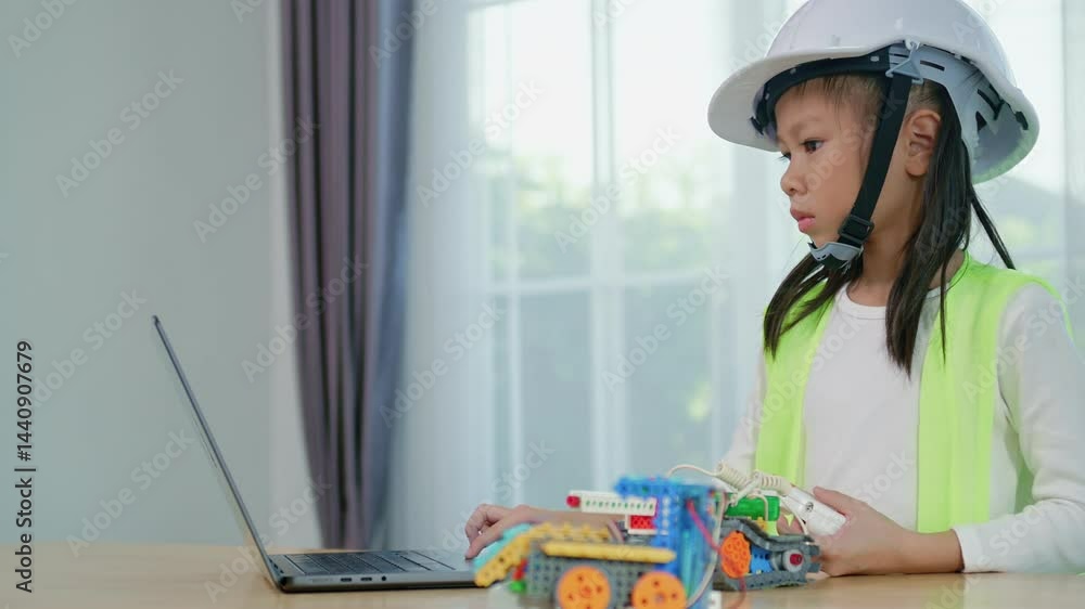 Kid playing with construction blocks on table and hands typing on ...