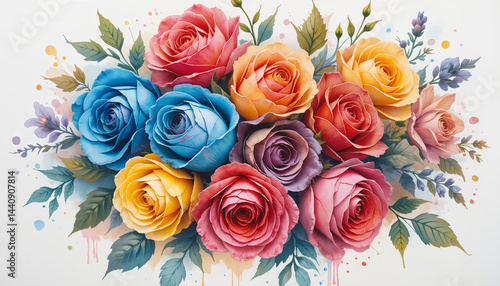 Colorful watercolor rose bouquet with artistic brush strokes on white background, soft and vibrant design