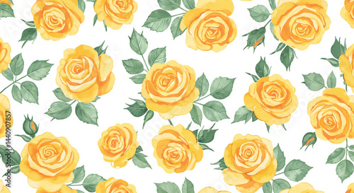Watercolor pattern of yellow roses and soft green leaves with hand-painted look