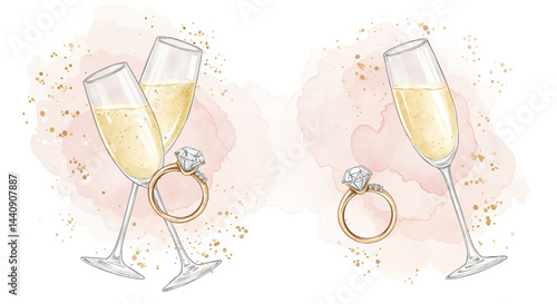 Delicate watercolor painting of engagement ring and champagne flute in elegant style with soft brush strokes