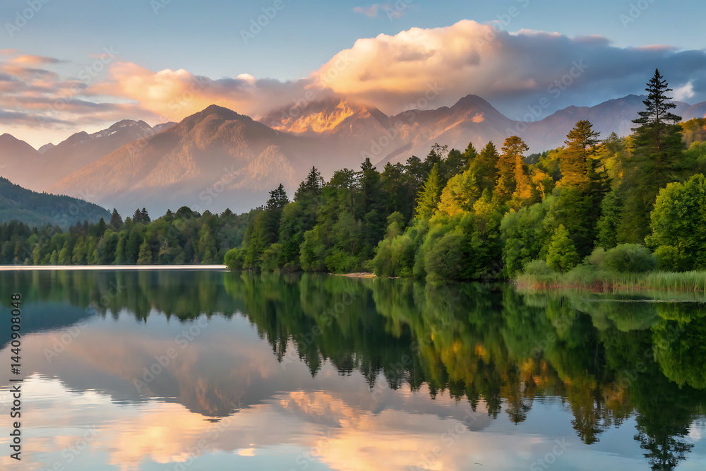 A peaceful scene unfolds as misty dawn breaks over a calm lake, bordered by vibrant green forests and towering mountains, with a gentle fog drifting in.