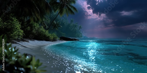 Serene night at the beach with moonlight reflecting on the tranquil ocean waves and palm trees in the background