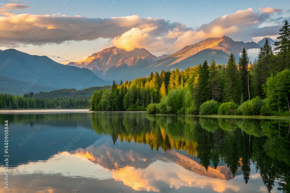 A peaceful scene unfolds as misty dawn breaks over a calm lake, bordered by vibrant green forests and towering mountains, with a gentle fog drifting in.