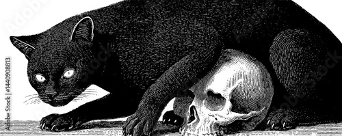 Mysterious black cat and skull engraving for halloween decor or gothic art inspiration
