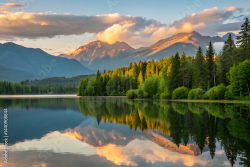 Obraz na płótnie A peaceful scene unfolds as misty dawn breaks over a calm lake, bordered by vibrant green forests and towering mountains, with a gentle fog drifting in. w salonie