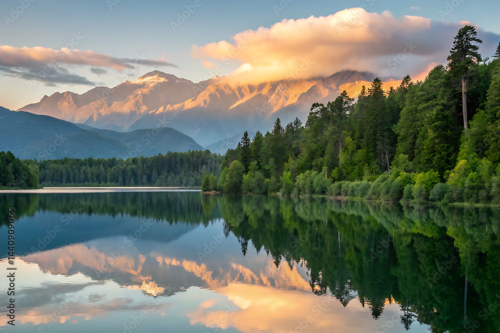 A peaceful scene unfolds as misty dawn breaks over a calm lake, bordered by vibrant green forests and towering mountains, with a gentle fog drifting in.