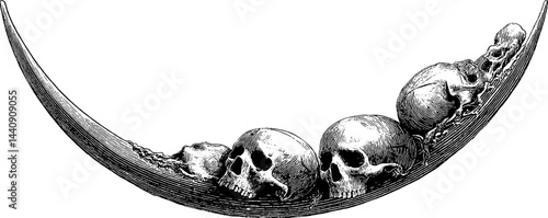 Engraved crescent moon illustration with dangling skulls for gothic and halloween design