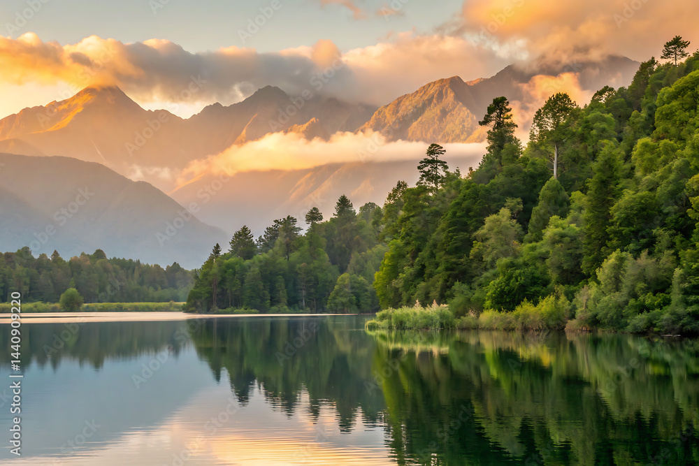 A peaceful scene unfolds as misty dawn breaks over a calm lake, bordered by vibrant green forests and towering mountains, with a gentle fog drifting in.