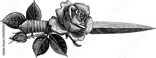 Engraved dagger with rose vine illustration for tattoo or design