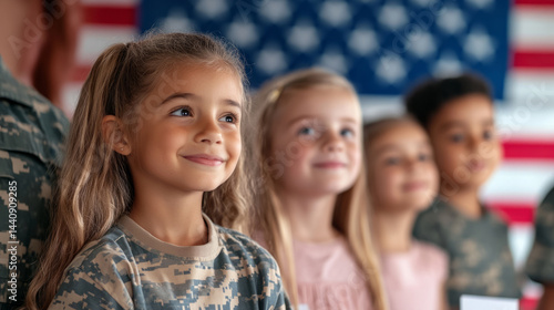 Smiling children in front of american flag celebrating patriotic event