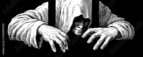 Enigmatic ghostly figure in engraved style: haunting imagery for mysterious design concepts