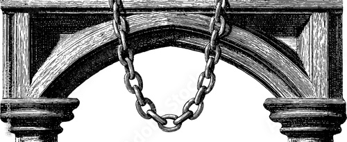 Detailed engraved gothic arch with hanging chain – architectural design concept for historical prints and decor