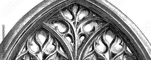 Detailed engraved illustration of gothic cathedral window for architectural design inspiration