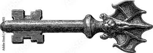 Gothic key with bat wings - vintage engraved illustration for halloween design
