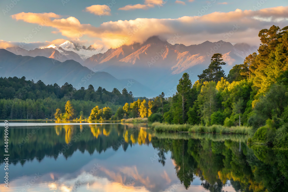 A peaceful scene unfolds as misty dawn breaks over a calm lake, bordered by vibrant green forests and towering mountains, with a gentle fog drifting in.