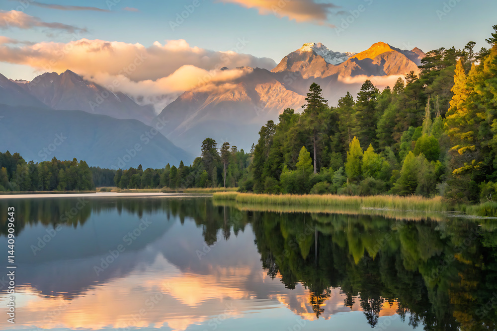 A peaceful scene unfolds as misty dawn breaks over a calm lake, bordered by vibrant green forests and towering mountains, with a gentle fog drifting in.