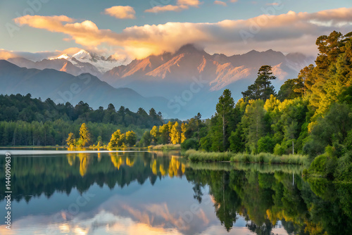 Obraz na płótnie A peaceful scene unfolds as misty dawn breaks over a calm lake, bordered by vibrant green forests and towering mountains, with a gentle fog drifting in. w salonie