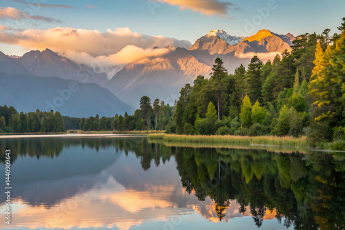 Obraz na płótnie A peaceful scene unfolds as misty dawn breaks over a calm lake, bordered by vibrant green forests and towering mountains, with a gentle fog drifting in. w salonie