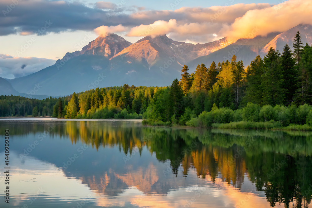 A peaceful scene unfolds as misty dawn breaks over a calm lake, bordered by vibrant green forests and towering mountains, with a gentle fog drifting in.