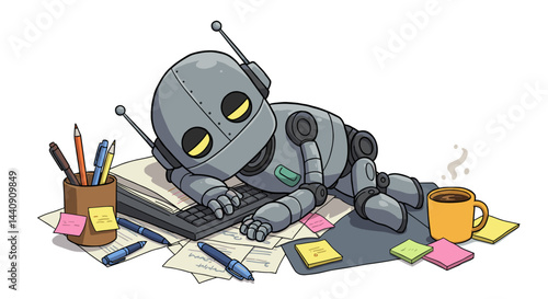 Cute cartoon robot sleeping on a messy workspace with coffee and stationery items