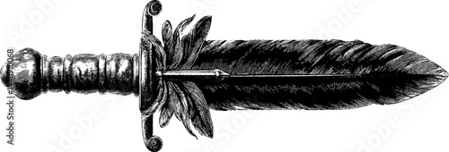 Engraved sword with raven feather design for artistic prints and decor