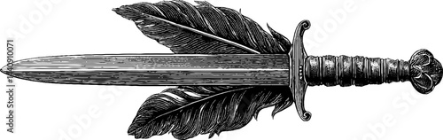 Engraved sword with ornate raven feathers design for decorative use